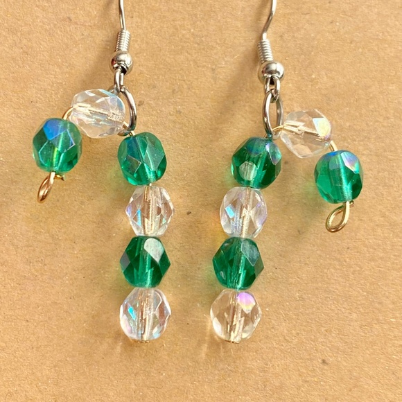 Green & Clear Faceted Beads Candy Cane Earrings - Picture 2 of 7